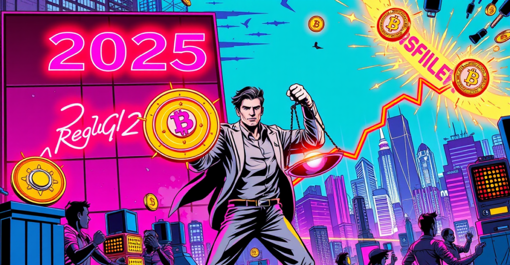 象征稳定币与监管机构之间动态对抗的复古漫画风格封面，背景是金融区天际线和上升的市场趋势图