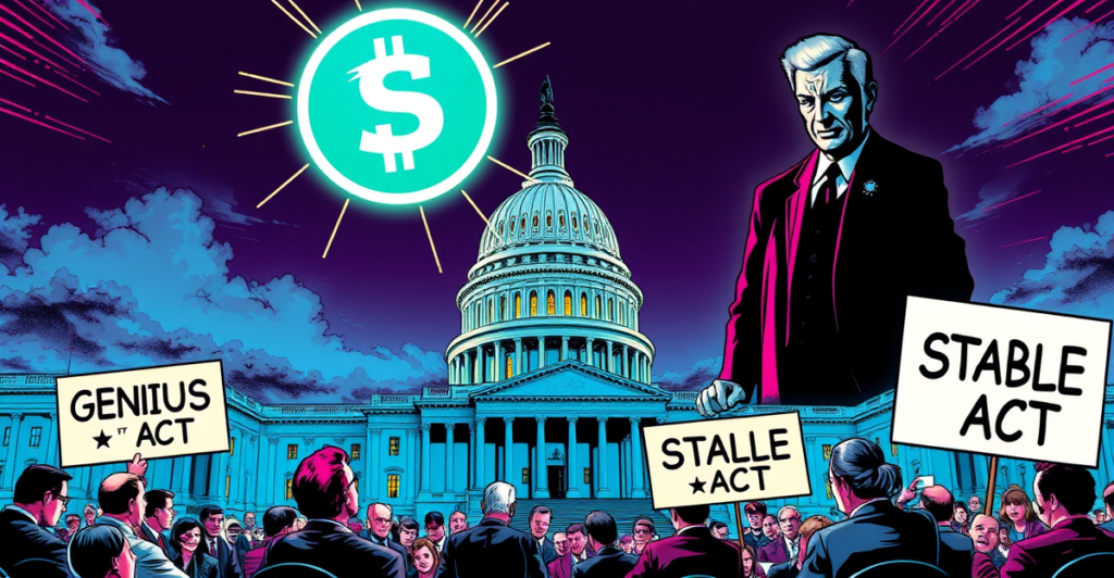 美国参议院讨论稳定币监管法案的复古漫画风格封面，展现激烈辩论和潜在利益冲突