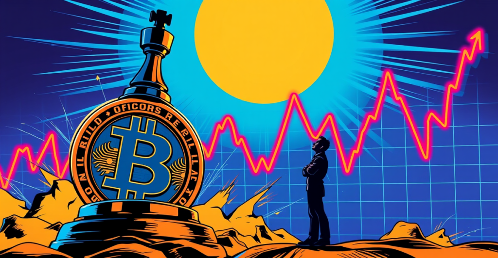 象征Strategy比特币持仓策略的复古漫画风格插图，背景是波动的市场图表