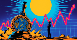 象征Strategy比特币持仓策略的复古漫画风格插图，背景是波动的市场图表