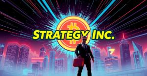 复古漫画风格封面展示Strategy Inc.标志与比特币符号，背景为未来城市和股市图表