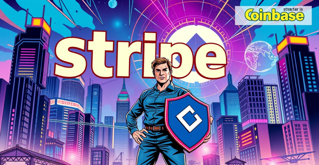 复古漫画风格封面展示Stripe稳定币重塑全球支付格局，背景为未来城市和数字货币流。