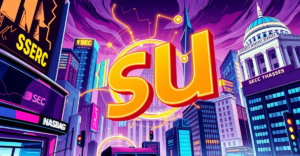 复古漫画风格的城市景观，中心是发光的SUI标志，象征SUI ETF申请的创新和市场潜力