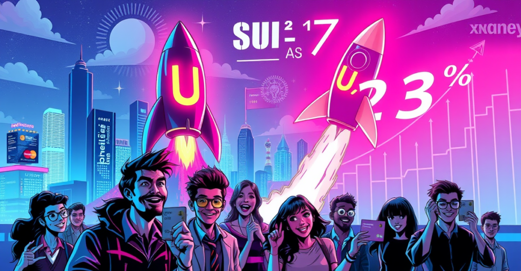 SUI代币价格如火箭般上涨，背景是未来城市和上涨趋势图
