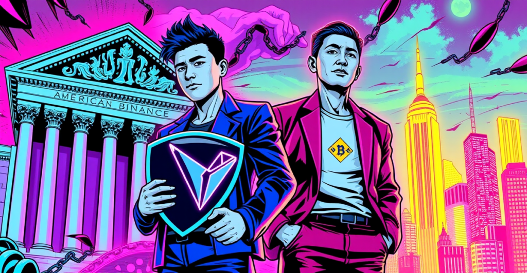孙宇晨与赵长鹏在复古漫画风格的封面中象征性对峙，背景为区块链和司法元素