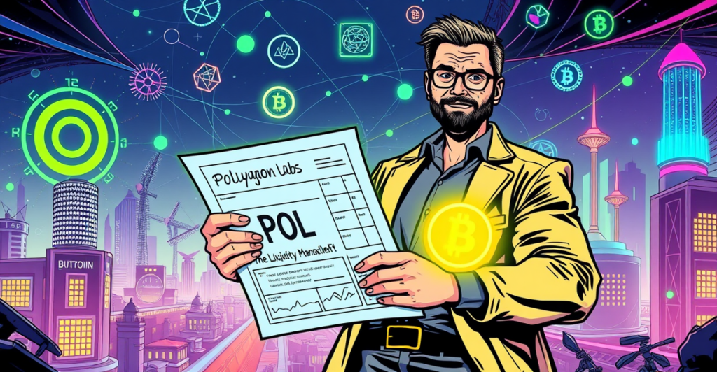 Polygon Labs CEO Marc Boiron站在可持续DeFi生态系统前，手持可持续流动性管理蓝图