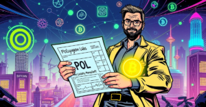 Polygon Labs CEO Marc Boiron站在可持续DeFi生态系统前，手持可持续流动性管理蓝图
