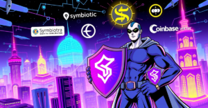 Symbiotic区块链安全经济协调层的复古漫画风格封面，展示未来城市与区块链网络的连接