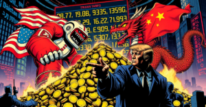 象征性描绘中美关税战的复古漫画封面，背景是波动的股市行情