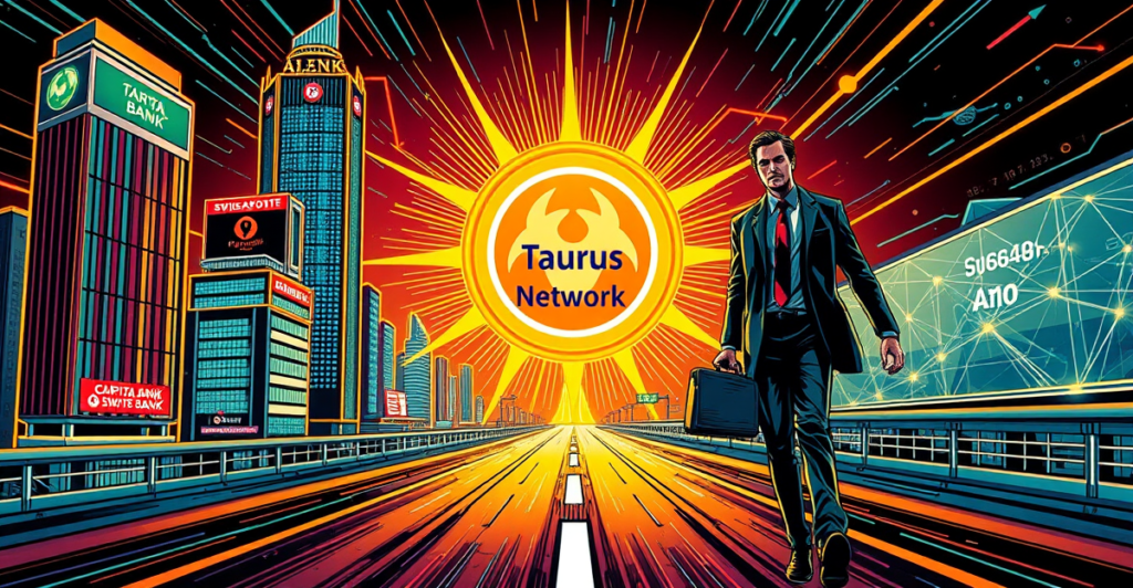 Taurus-Network连接全球银行的数字资产交易网络，背景是霓虹灯照亮的银行标志和区块链数据流