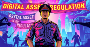 泰国SEC官员站在数字区块链景观前，背景有霓虹灯照亮的'数字资产监管'横幅，象征着打击洗钱活动。