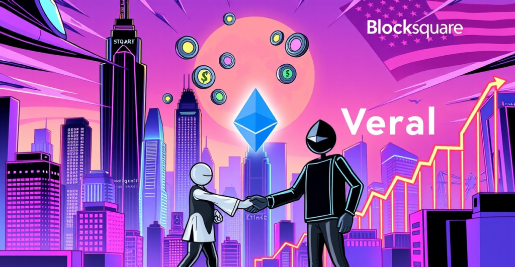 代币化房地产合作：Blocksquare与Vera Capital在复古漫画风格的城市背景下握手，象征创新与增长