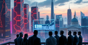 未来城市景观中，高楼大厦被发光的数字链条环绕，象征代币化的现实世界资产，前景是金融分析师和区块链高管讨论30万亿美元市场预测。