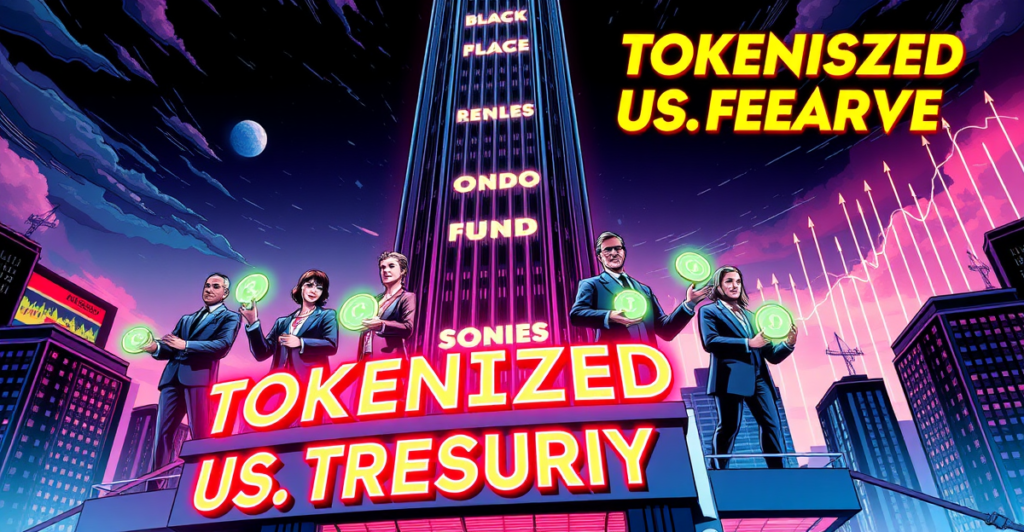 六家主要实体站在象征代币化美国国债市场的巨大建筑前，背景是上涨的市场趋势图