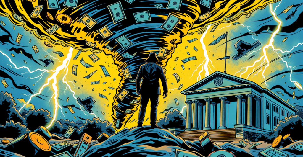 象征性描绘Tornado Cash法律争议的复古漫画封面，展示由美元和加密货币符号构成的龙卷风及中心人物