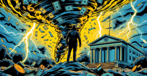 象征性描绘Tornado Cash法律争议的复古漫画封面，展示由美元和加密货币符号构成的龙卷风及中心人物