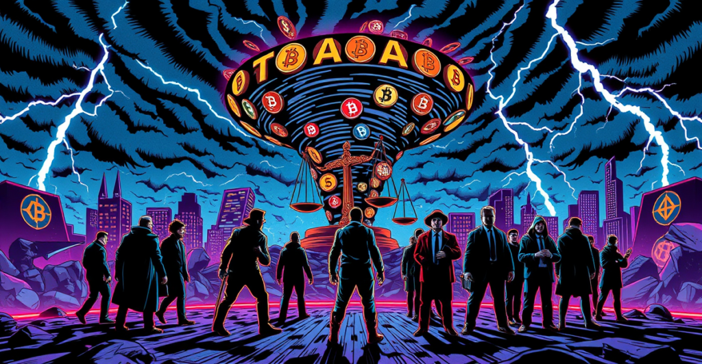 象征性描绘Tornado Cash制裁争议的复古漫画风格图片，展示数字货币龙卷风与法律象征物的对抗