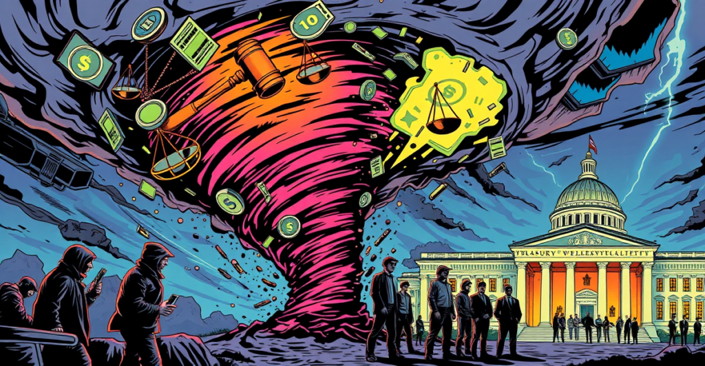 复古漫画风格插图展示由数字现金构成的龙卷风，象征Tornado Cash制裁的法律争议