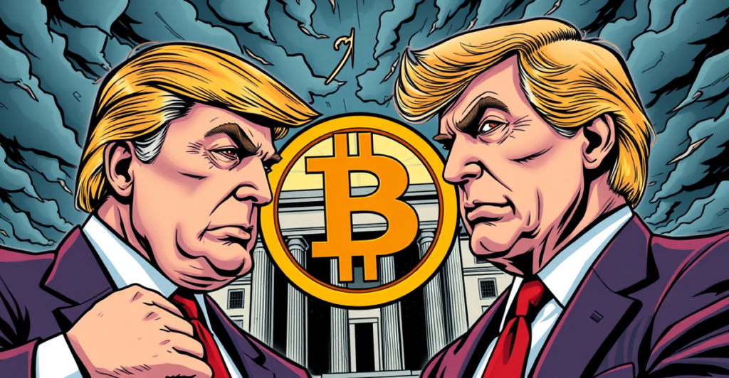 特朗普与鲍威尔对峙，背景是加密货币符号和动荡的市场