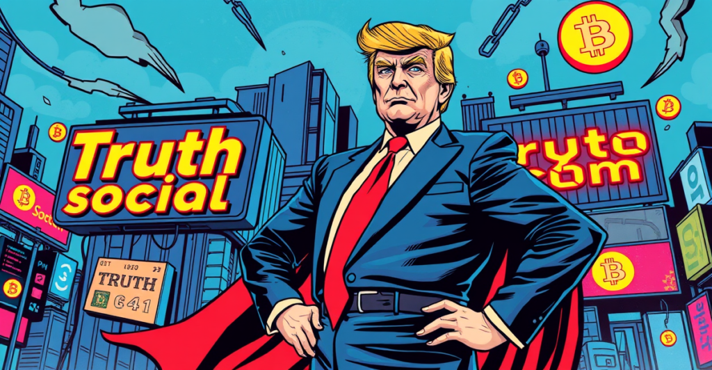 唐纳德·特朗普站在数字货币和社交媒体符号前，象征特朗普媒体与技术集团的加密货币计划