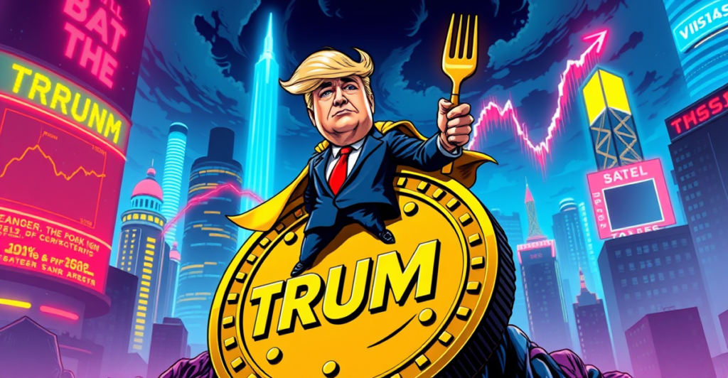 复古漫画风格插图展示特朗普手持巨大的TRUMP迷因币，背景是白宫和上涨的市场趋势图