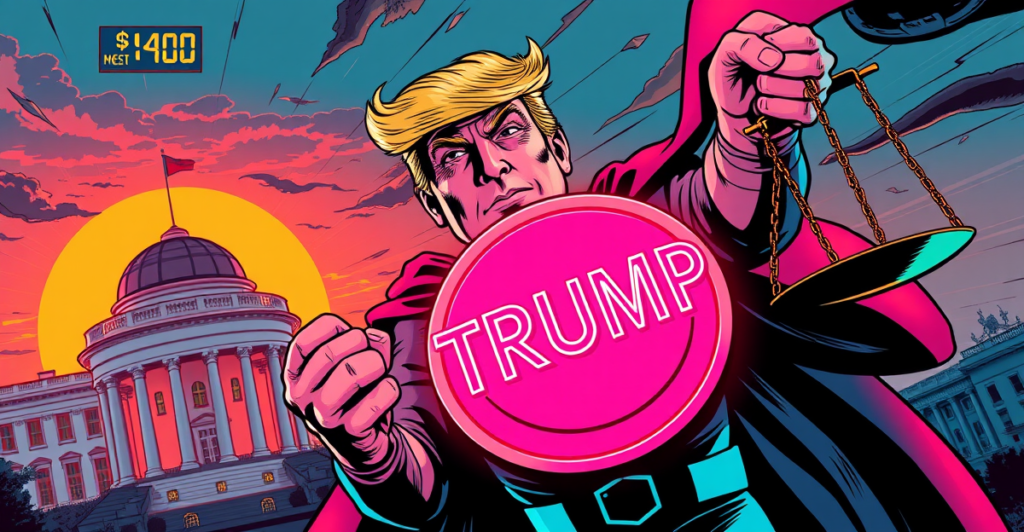 唐纳德·特朗普以超级英雄形象手持发光的TRUMP迷因币，背景是白宫和上涨的股市行情