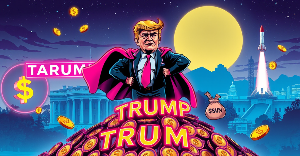 唐纳德·特朗普的超级英雄形象站在一堆标记为'TRUMP'的迷因币上，背景是加密货币符号和白宫，象征特朗普迷因币的资金流动。