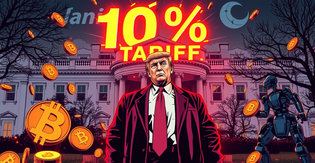 唐纳德·特朗普站在白宫前，背景是发光的'10%关税'标志，周围是下跌的加密货币符号，象征互惠关税政策的影响