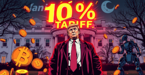 唐纳德·特朗普站在白宫前，背景是发光的'10%关税'标志，周围是下跌的加密货币符号，象征互惠关税政策的影响