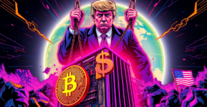 特朗普关税政策对比特币矿机的影响，复古漫画风格展示矿机与关税的冲突