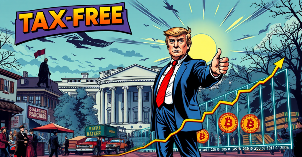 唐纳德·特朗普站在白宫前，背后是'免税'横幅，象征取消联邦所得税的政策提议