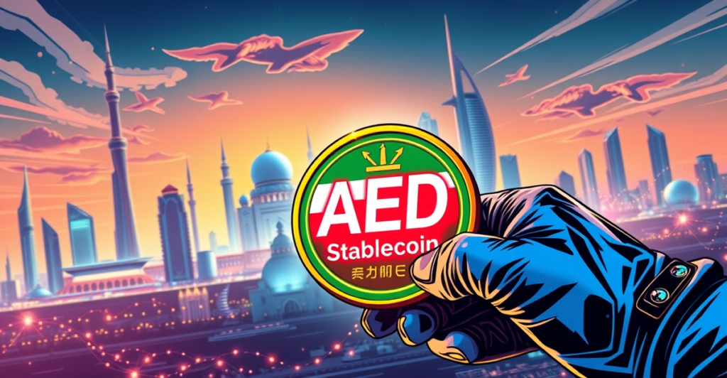 阿联酋稳定币：阿布扎比天际线背景下，一枚带有阿联酋国旗颜色的未来主义数字硬币