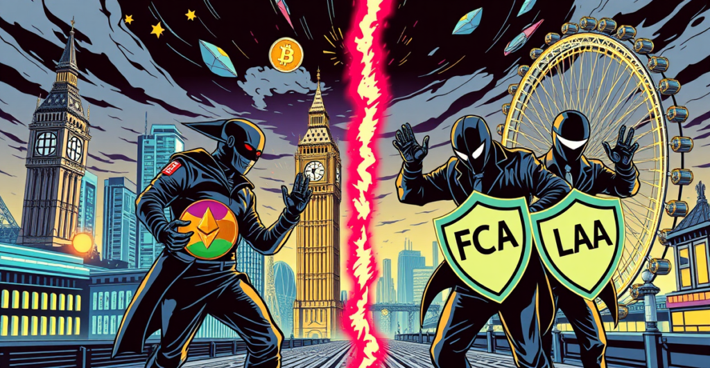 复古漫画风格插图展示英国加密货币创新与欺诈打击的象征性场景，背景包含伦敦地标。