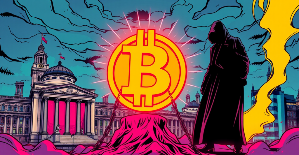 英国监管机构监督稳定币的复古漫画风格插图，背景是伦敦天际线