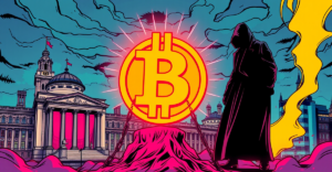 英国监管机构监督稳定币的复古漫画风格插图，背景是伦敦天际线