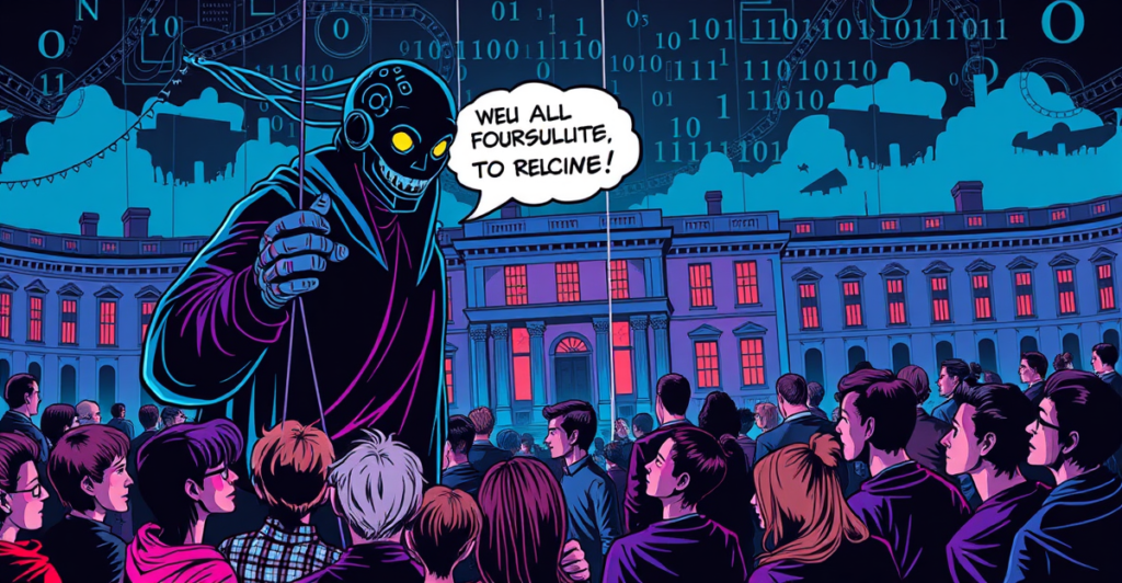 复古漫画风格插图展示阴影中的AI形象在数字论坛中操纵多样Reddit用户