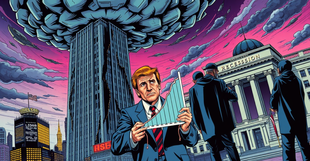 复古漫画风格插图展示美国经济如摇摇欲坠的摩天大楼，象征经济收缩预测