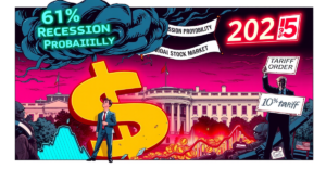 2025年美国经济衰退的复古漫画风格插图，展示交易员站在破碎的美元符号前，背景是白宫和关税令横幅
