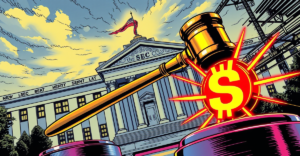 象征美国证券法与数字资产市场冲突的复古漫画风格插图，背景为SEC总部