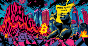 复古漫画风格描绘美国股市暴跌，背景中特朗普的影子手持关税政策，比特币在混乱中闪耀