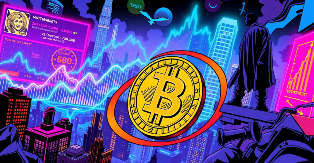 比特币与USDT的紧密关系在复古漫画风格插图中展现，背景是上涨的市场趋势图