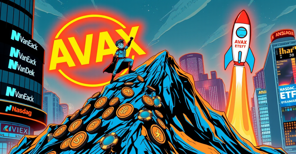 一名投资者站在由AVAX代币构成的山峰上，背景是VanEck标志和纳斯达克交易所的未来城市景观，象征着VanEck Avalanche ETF的潜力和机遇。