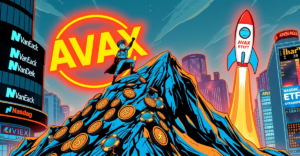一名投资者站在由AVAX代币构成的山峰上，背景是VanEck标志和纳斯达克交易所的未来城市景观，象征着VanEck Avalanche ETF的潜力和机遇。