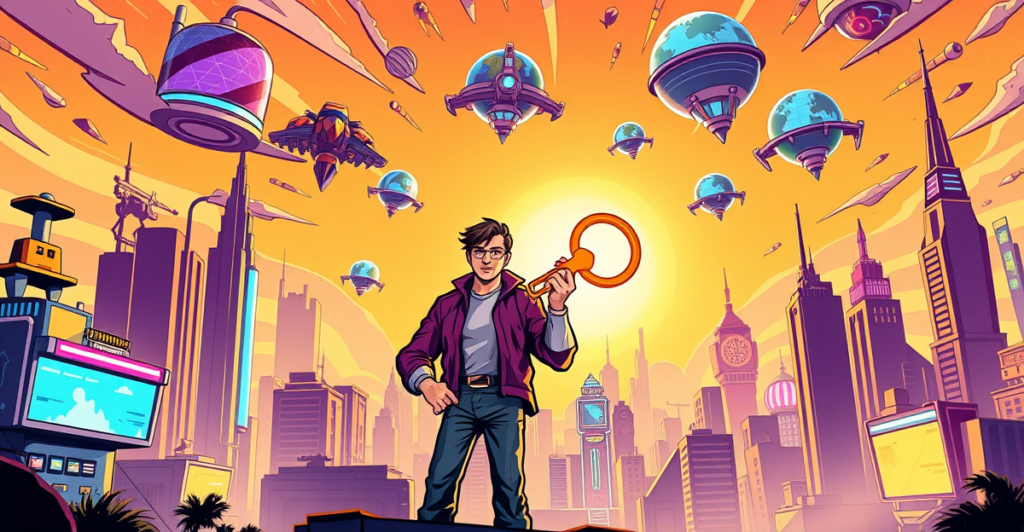 复古漫画风格封面展示The Sandbox的联合创始人站在未来城市前，象征Web3游戏互操作性