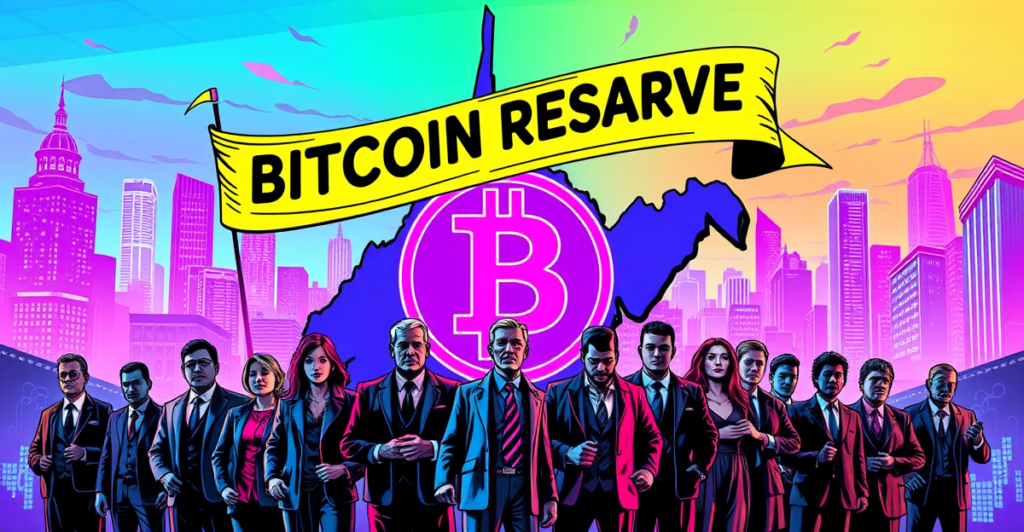 西弗吉尼亚州地图中心突出显示比特币标志，象征该州通过比特币战略储备法案迈向金融主权