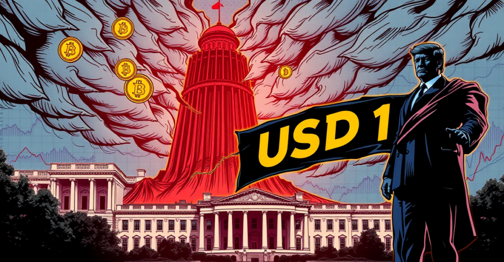 象征性描绘World Liberty Financial (WLFI)的复古漫画封面，展示加密货币投资与政治争议