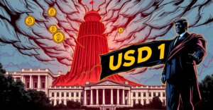 象征性描绘World Liberty Financial (WLFI)的复古漫画封面，展示加密货币投资与政治争议
