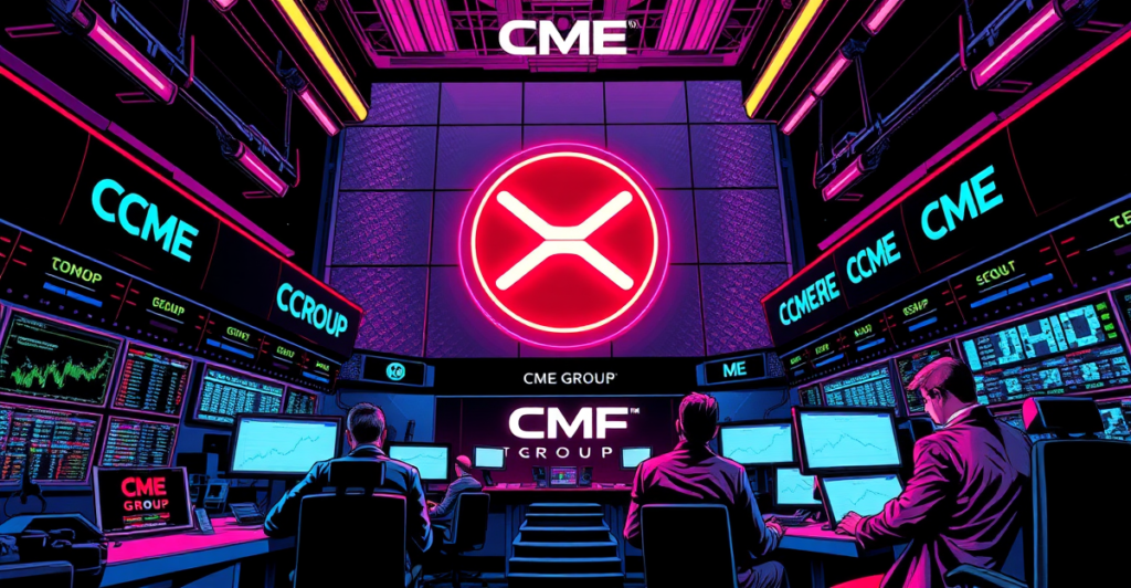 复古漫画风格插画展示XRP期货合约在CME集团上线，背景是霓虹灯照亮的交易大厅