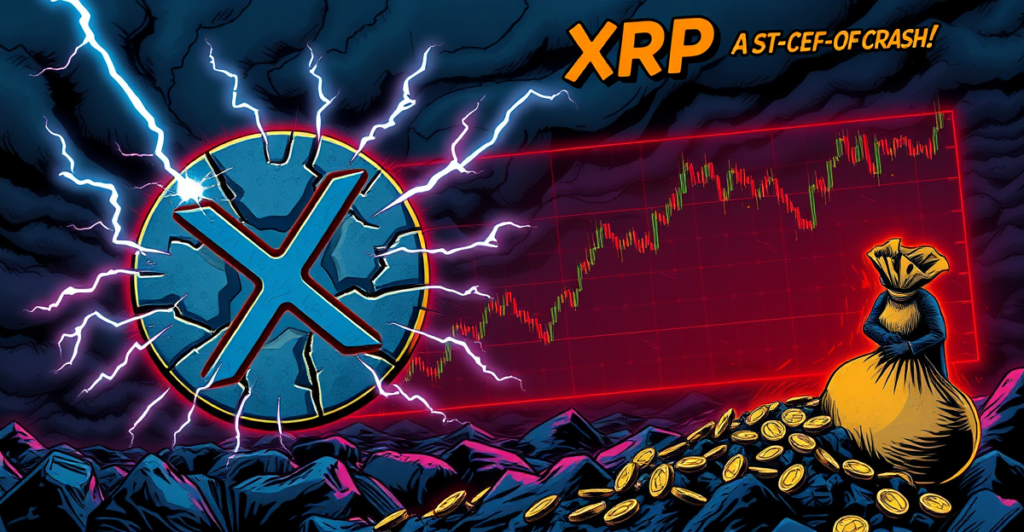 XRP价格暴跌的复古漫画风格插图，显示破碎的XRP标志和熊市图表模式