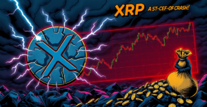 XRP价格暴跌的复古漫画风格插图，显示破碎的XRP标志和熊市图表模式